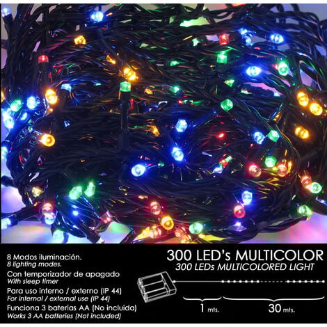 Luces Navidad A Pilas 300 Leds Multicolor Interior / Exterior (IP44)