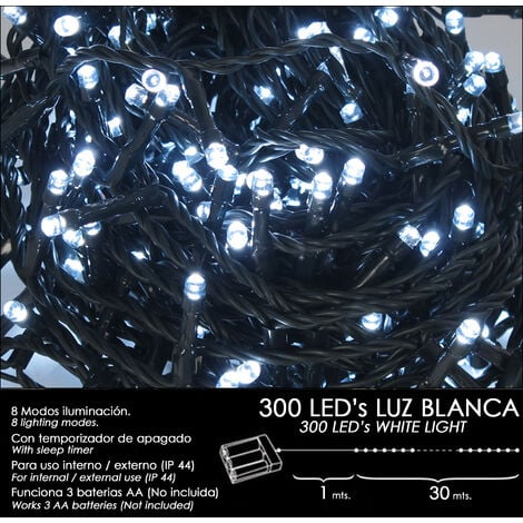 Luces Navidad A Pilas 300 Leds Luz Blanca Interior / Exterior (IP44)