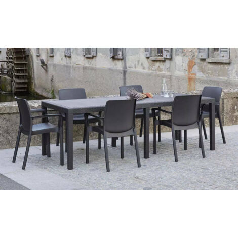 Mesa de jardín rectangular 220x90 cm – Efecto ratán gris antracita – Para 8 personas – Ideal para exteriores (1/8)