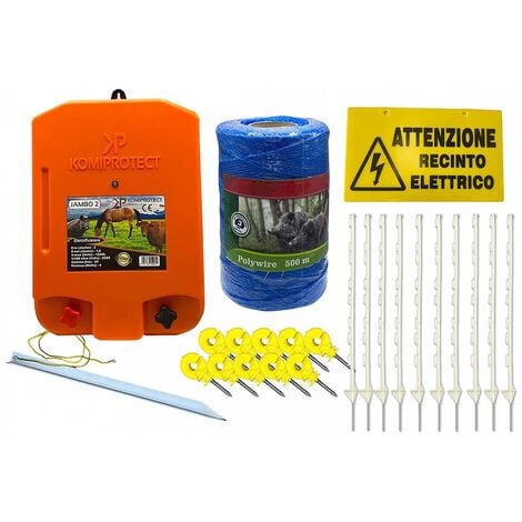 Kit completo per recinto elettrico con 1 x Elettrificatore B12 a doppia  alimentazione 12 V / 220 V + 1 x Filo 250 MT 2.2 Mm² + 100 pezzi isolatori  per paletti in ferro - Recinzione Elettrica Rete Elet