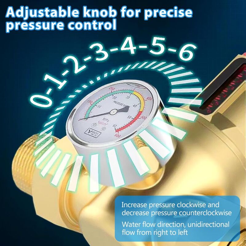 Réducteur Pression Eau 1/2" Avec Manomètre - Laiton, Réglable, Pour Jardin, Chauffage, Robinet