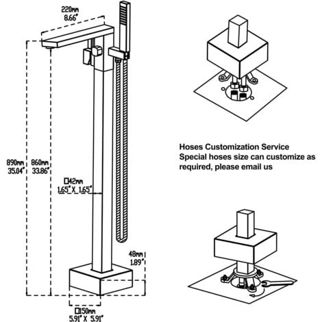 SJQKA Robinet De Baignoire Avec Douchette Cascade Baignoire Robinet Mitigeur Au Sol Autoportant Melangeur Baignoire Îlot Sur Pied Avec Poignée Noir (underground installation)