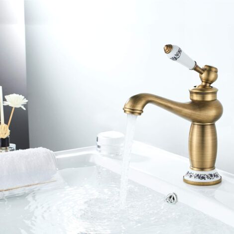 Robinet Rétro Salle de Bain,Robinet de Lavabo Poignée en Céramique Mitigeur Monocommande Lavabo,Robinet Salle Bain Eau Chaude et Froide, Laiton（Sans tuyau）