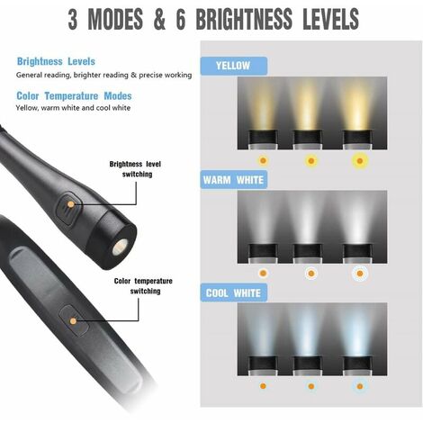 Lampe de Lecture de Cou Rechargeable, Lampe pour lecture au Lit,3 Couleurs, 6 Niveaux de Luminosité, Bras Pliables, Longue Durée de Vie, Parfaite pour la Lecture,Le Tricot,la Réparation