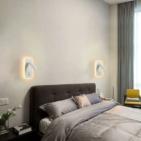 Applique murale LED, liseuse de chevet avec interrupteur, port de charge USB, éclairage d'ambiance réglable pour chambre (lumière naturelle 3 W + lumière chaude 9 W) Blanc