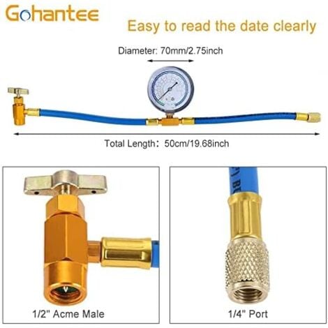 Tuyau de recharge R134A AC avec manomètre et kit de valve BPV31, tuyau SAE de 6.35 mm pour port R12 R22