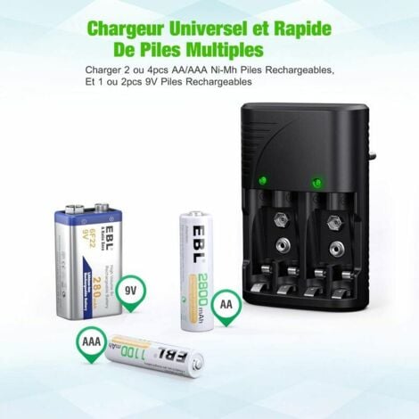 Chargeur de piles universel AA/AAA/9 V, chargeur rapide 6802, pour piles rechargeables AA/AAA NI-MH ou 9 V, avec indicateur LED, tension mondiale 100-240 V, journée ensoleillée