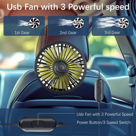 Ventilateur Voiture Siège Arrière USB - 2 Têtes Réglables 360° - 3 Vitesses - Faible Bruit - Pour Auto, Maison, Bureau