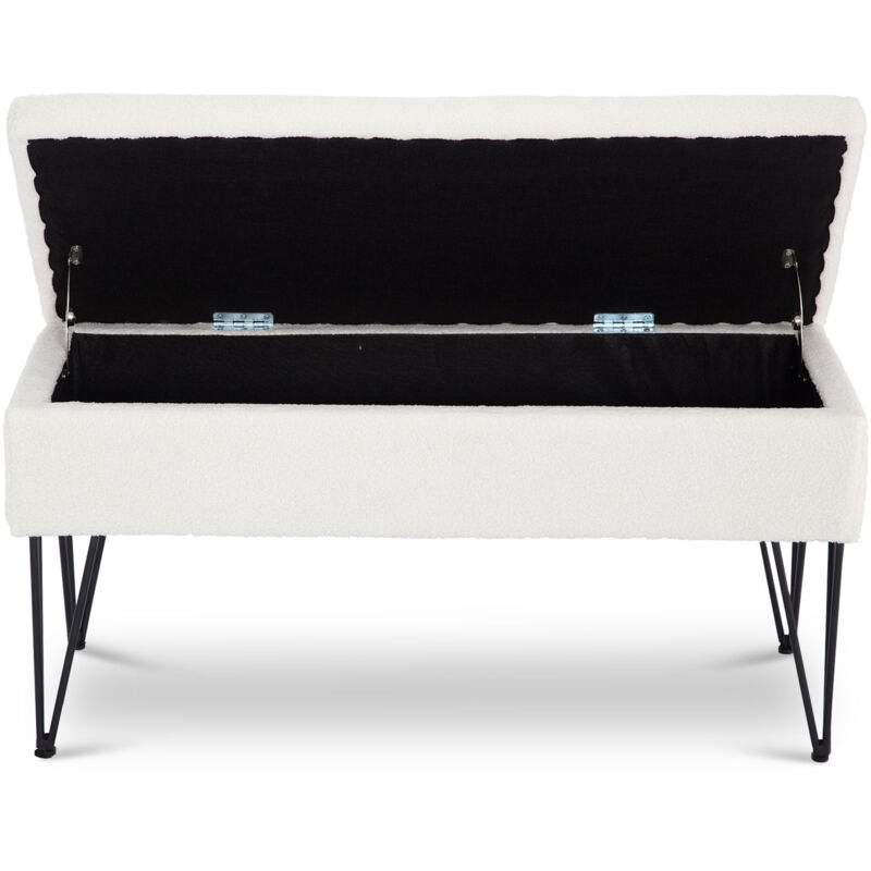 Alice's Home - Banc Coffre Bout De Lit Bouclette Écru Pieds Bois Noir - L 112 X 44 X 50cm