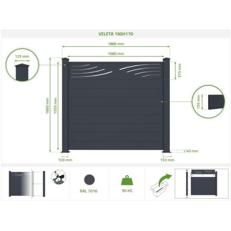 Panneau De Clôture VELETA En Aluminium - Dimensions 189x166 Cm, Motif "Nature" - Kit Complet Avec Poteaux, à Monter Soi-même