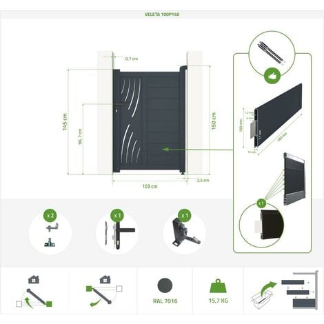 Pack portail battant VELETA 300x140cm + Portillon VELETA 100x140cm Gris