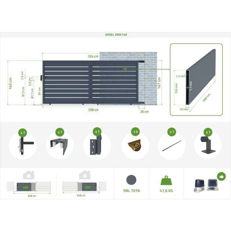 Portail coulissant électrique VOGEL 300x140cm + Motorisation RANGER C300