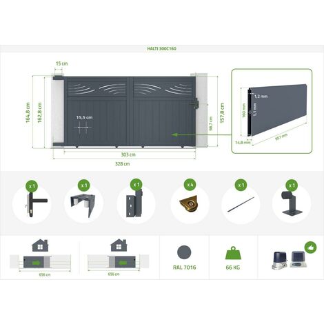 Portail coulissant électrique HALTI 300x160cm + Motorisation RANGER C300