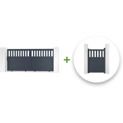 Pack portail coulissant SANTIS 300x140cm + Portillon SANTIS 100x140cm Gris (1/5)