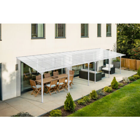 Cazeboo – Carport 30m² – Pergola adossée en aluminium blanc – Toit en polycarbonate alvéolaire – Dimensions 10x3m – Hauteur de passage 180-193cm