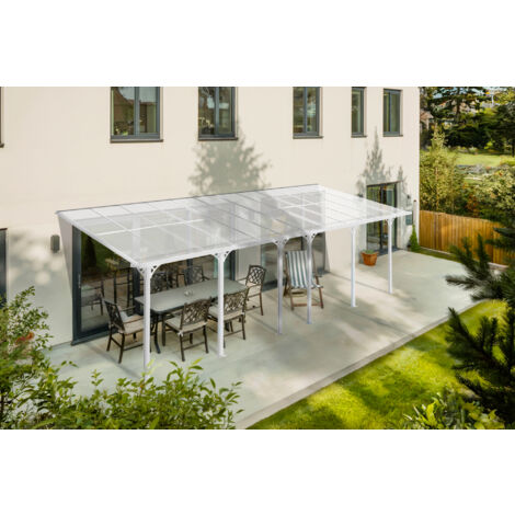 Cazeboo – Carport adossé 24m² – Aluminium thermolaqué blanc – Toit incliné avec polycarbonate – Hauteur réglable 225-270cm