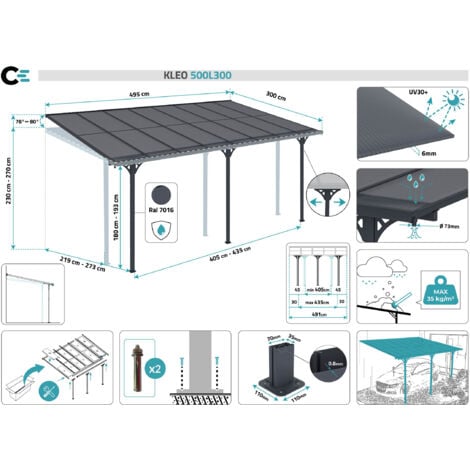 Toit terrasse/Carport 15m² KLEO 5x3m aluminium gris