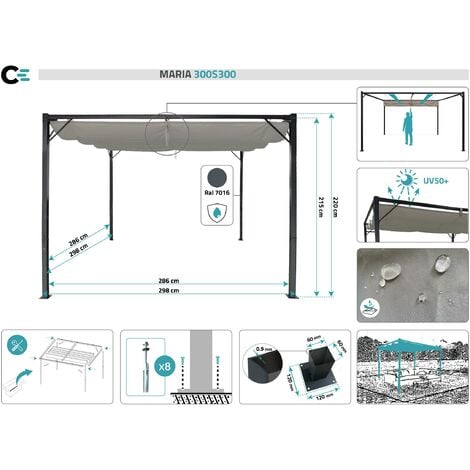 Pergola toit rétractable MARIA 3x3m autoportée Gris clair