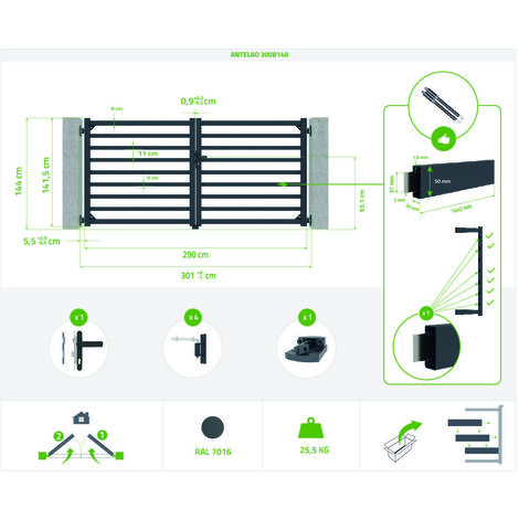 Pack portail battant ANTELAO 300x140cm + Portillon ANTELAO 100x140cm GRIS