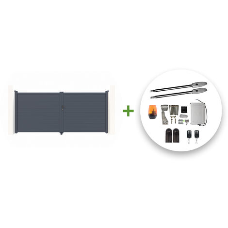 Casanoov – Portail battant aluminium 400x180cm gris – Motorisation à vérins TANKER B250 – Occultation totale pour intimité – Montage facile