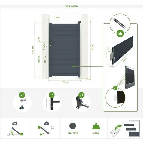 Pack portail battant EIGER 350x180cm + Portillon EIGER 100x180cm Gris
