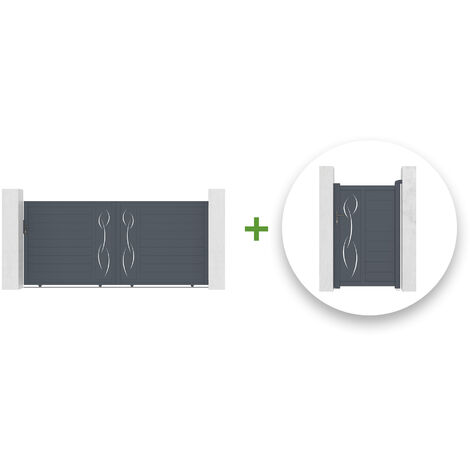 Pack portail coulissant LIFE 350x160cm + Portillon LIFE 100x160cm Gris (1/5)