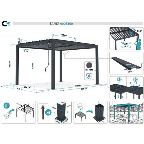 Pergola bioclimatique SANTA 4x3m Aluminium Gris anthracite  - lames orientables
