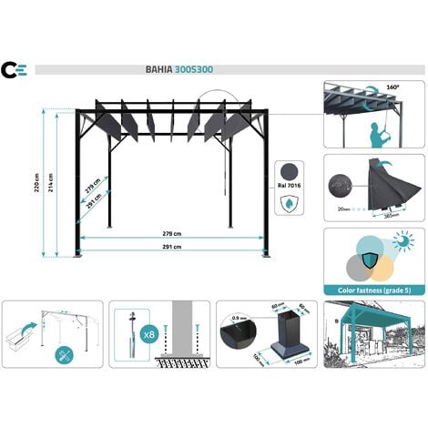 Pergola bioclimatique autoportée BAHIA 3x3m Gris anthracite