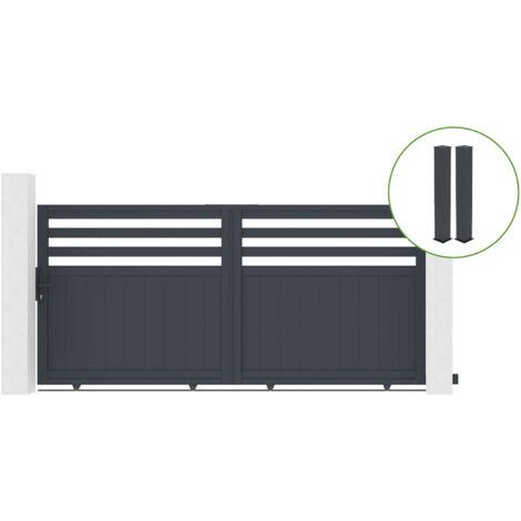 Portail coulissant 3m NEVIS H.140cm alu gris + 2 poteaux 20x20cm H.166cm (1/5)