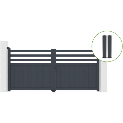 Portail battant 3m NEVIS H.140cm alu gris + 2 poteaux 20x20cm H.166cm (1/5)
