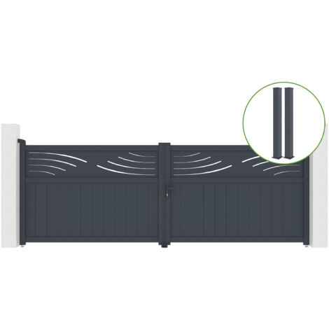 Portail battant 4m HALTI H.140cm alu gris + 2 poteaux 20x20cm H.166cm (1/5)