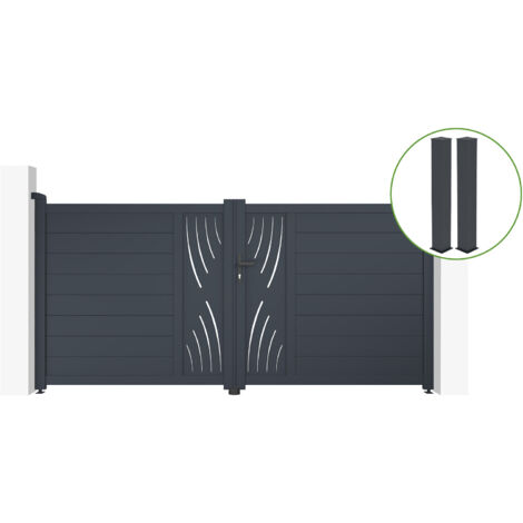 Portail battant 3m VELETA H.140cm alu gris + 2 poteaux 20x20cm H.166cm (1/5)