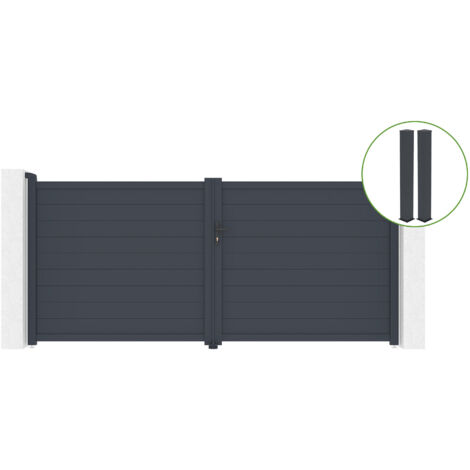 Portail battant 3,5m EIGER H.160cm alu gris + 2 poteaux 20x20cm H.190cm (1/5)