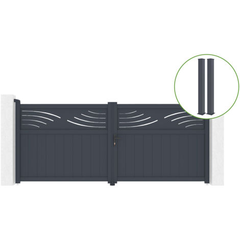 Portail battant 3,4m HALTI H.140cm alu gris + 2 poteaux 20x20cm H.166cm (1/5)