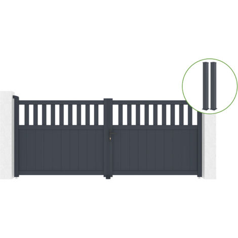 Portail battant 3,4m SANTIS H.140cm alu + 2 poteaux EIFEL 15x15cm H.166cm GRIS (1/5)
