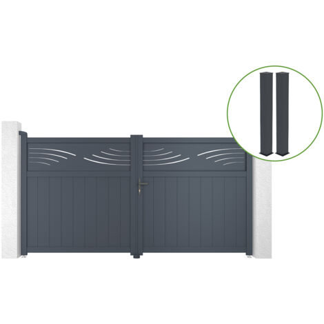 Portail battant 3m HALTI H.160cm alu gris + 2 poteaux 20x20cm H.190cm (1/5)