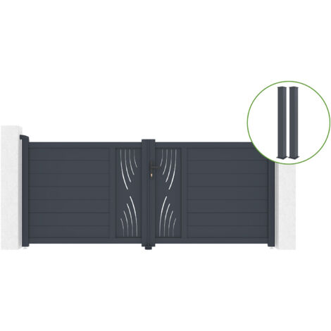 Portail battant 3m VELETA H.120cm alu + 2 poteaux EIFEL 15x15cm H.166cm GRIS (1/5)