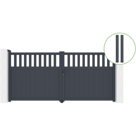 Portail battant 3,4m SANTIS H.160cm alu + 2 poteaux EIFEL 15x15cm H.190cm GRIS (1/5)