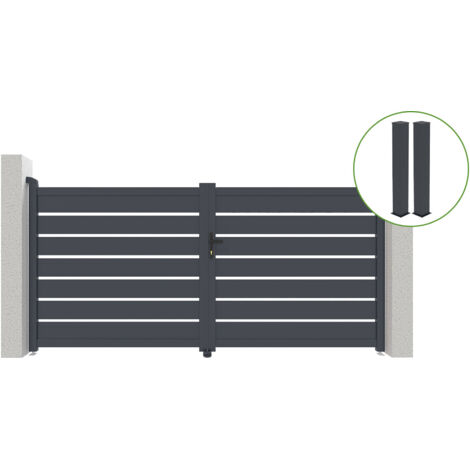 Portail battant 3m VOGEL H.140cm alu gris + 2 poteaux 20x20cm H.166cm (1/5)
