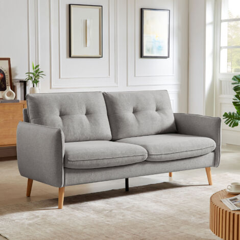 Canapé droit 2 places scandinave – Tissu gris clair durable – Structure en bois d'hévéa – Dossier capitonné pour confort optimal (1/5)