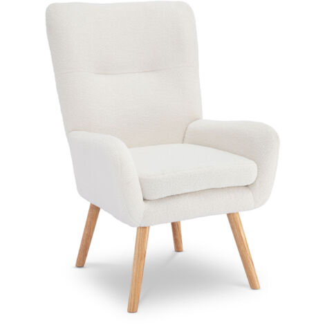 Fauteuil crapaud scandinave en tissu bouclette blanc – Confort cocooning – Pieds en bois d'hévéa – Design épuré pour intérieur moderne