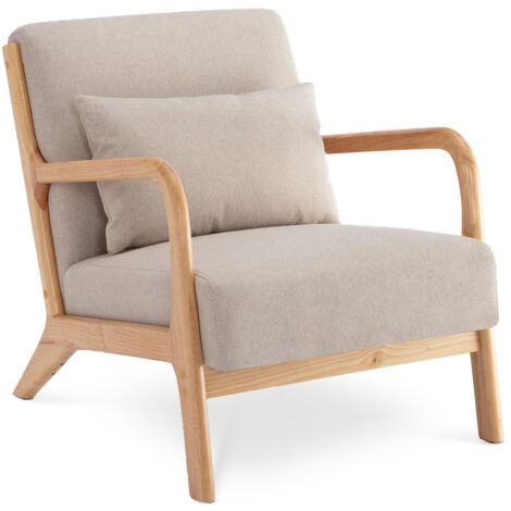 Fauteuil scandinave vintage MARIE lin beige et bois (1/5)