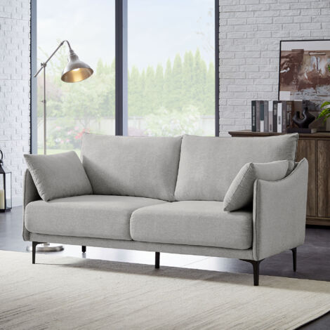 Canapé droit 2 places industriel – Tissu gris clair – Assises larges et confortables – Structure métal et bois – Coussins décoratifs inclus