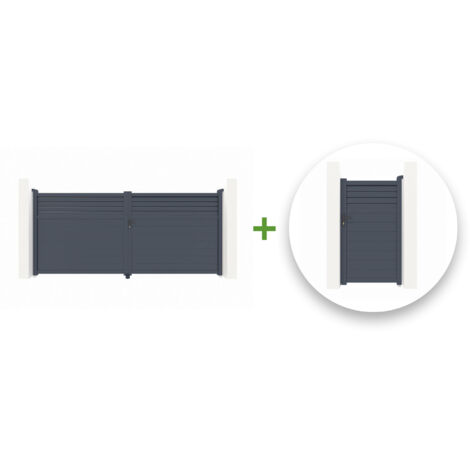Portail battant 4m CARPATIA H.180cm + Portillon 1m CARPATIA H.180cm aluminium gris (1/5)
