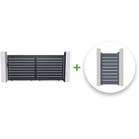 Portail coulissant 3,5m VOGEL H.180cm + Portillon 1m VOGEL H.180cm aluminium gris (1/5)
