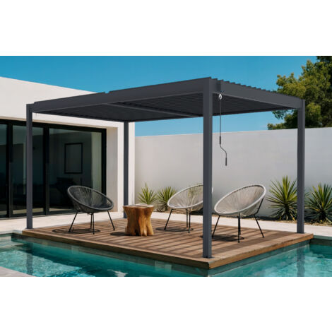 Cazeboo – Pergola bioclimatique autoportée 4x3m – Aluminium gris – Lames orientables – Résistance aux vents jusqu'à 60 km/h – Installation facile