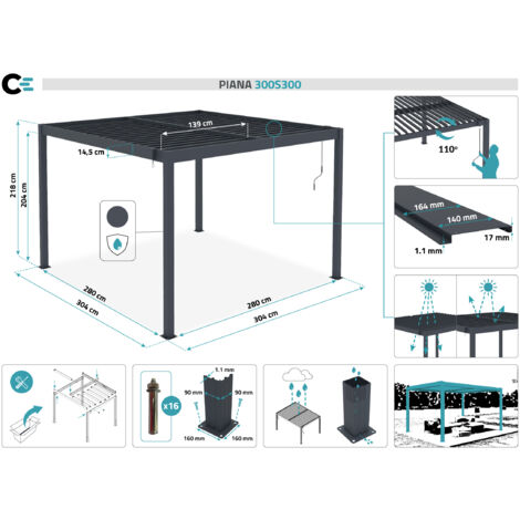 Pergola Bioclimatique Autoportée Cazeboo 3x2m - Lames Orientables En Acier, Aluminium Gris - Abri Terrasse Résistant Au Vent Et Pluie - 14