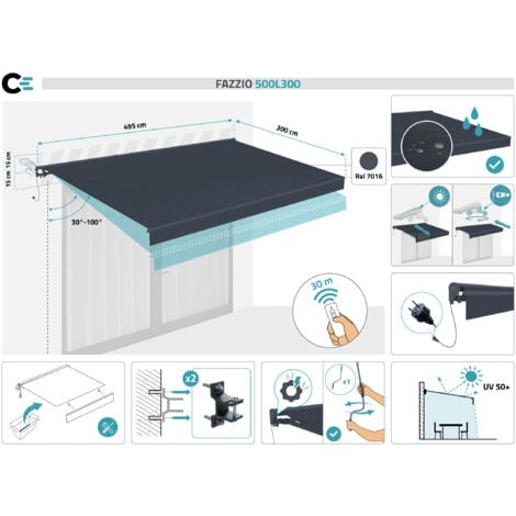 Store banne semi-coffre motorisé FAZZIO 5x3m Gris
