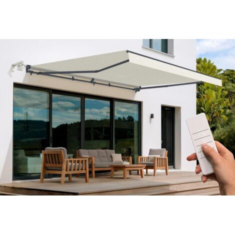 Cazeboo – Store banne semi-coffre motorisé 5x3m – Toile beige 320g/m² – Inclinaison réglable 30° à 100° – Capteur de vent intégré (1/5)