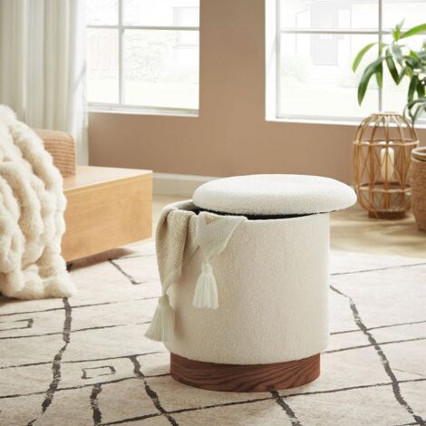 Pouf coffre JULIETTE tissu bouclette blanc – Base bois foncé – Design scandinave moderne – Espace de rangement intégré